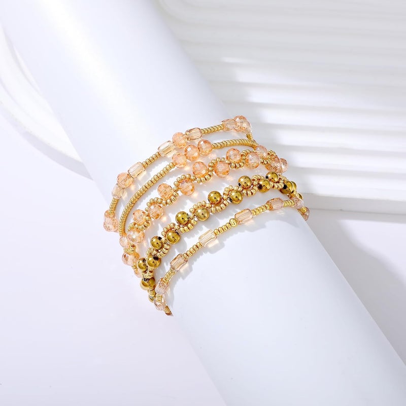 Pymach Store Dainty Gold Plated Pearl Crystal Beaded Bracelets Set for Women 14K Gold Plated Bead Pearl Beads Bracelet Stackable Paperclip Link Chain Bracelets Gold Plated Bracelets for Women Trendy Jewelry - Image 4
